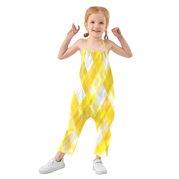 Girls' Jumpsuits Rompers Summer Casual Sleeveless Rompers With Pockets Spaghetti Strap Romper Yellow and White Checkered Squares 1T