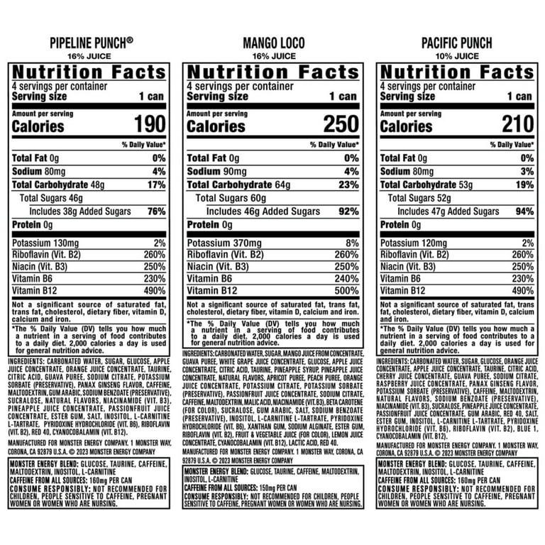 (12 Cans) Juice Monster VP, Mango Loco, Pipeline Punch, Pacific Punch, 16 fl oz, 12 Pack