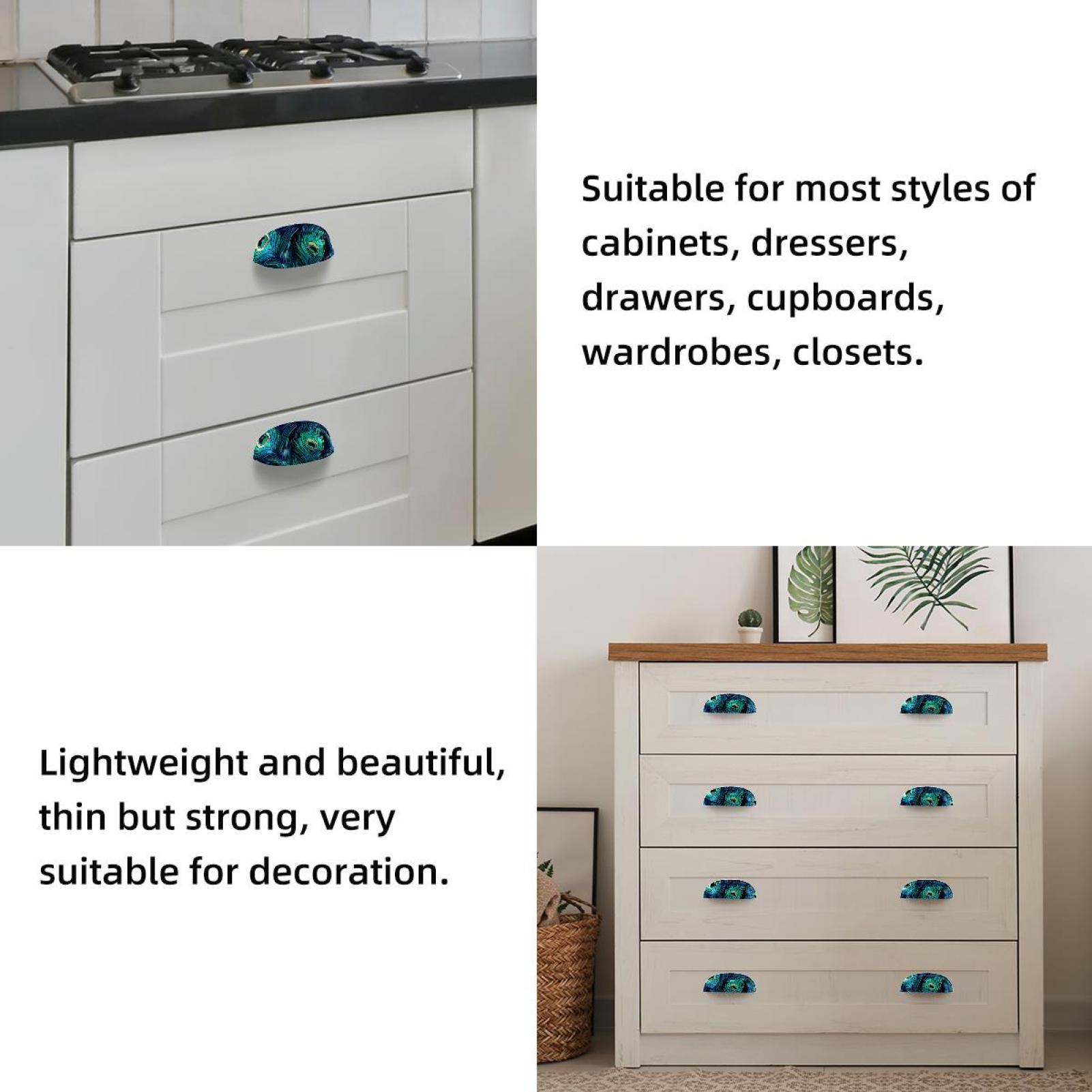 4 PCS Cabinet Cup Pull Peacock Feather Drawer Handles with Screws for Cabinet Dresser Kitchen Home Hardware Decor