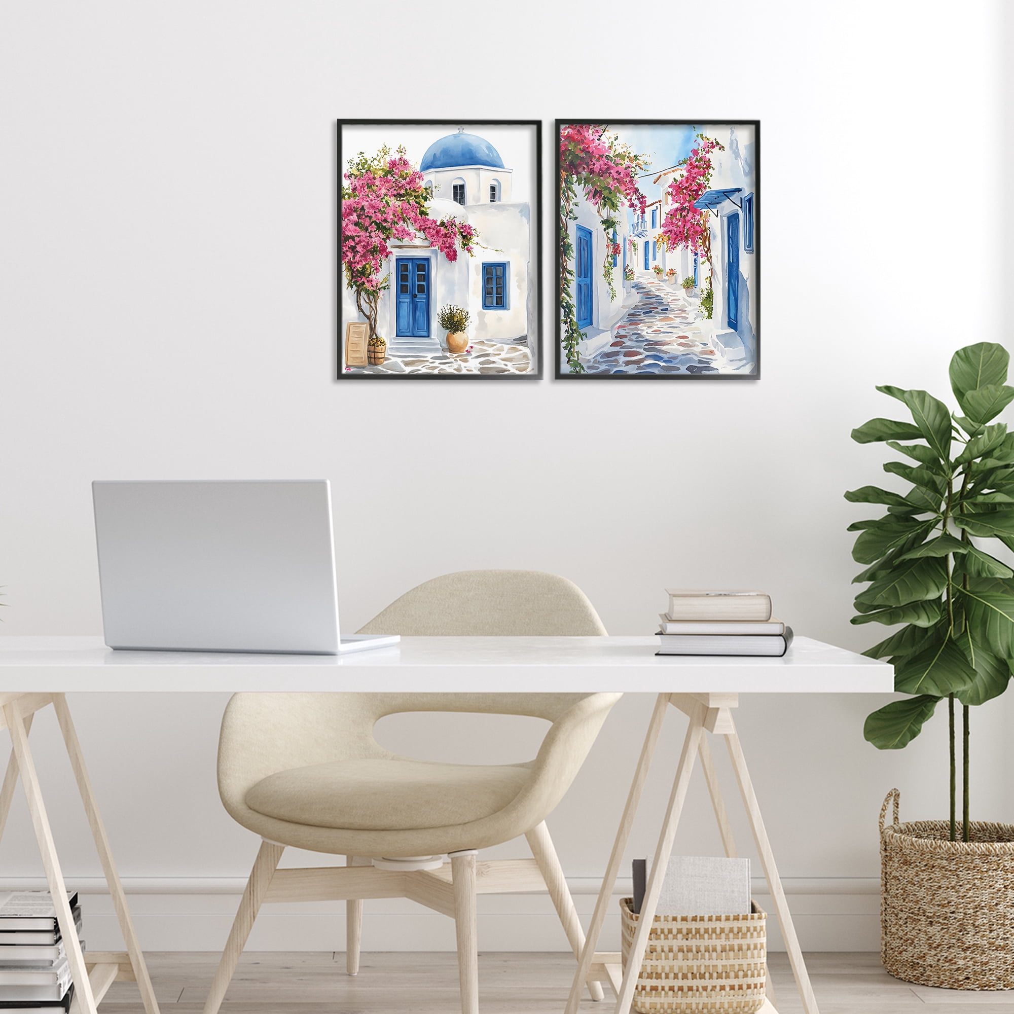 Stupell Industries Santorini House with Pink Tree 2 Piece Black Framed Giclee Art Set, design by LSR Design Studio