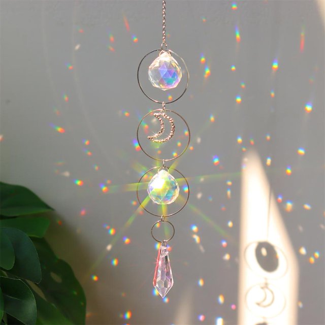 Campanas De Viento Crystal Wind Chimes Pentagram Prism Light Catcher Cortina Decoración para el hogar (Luna)