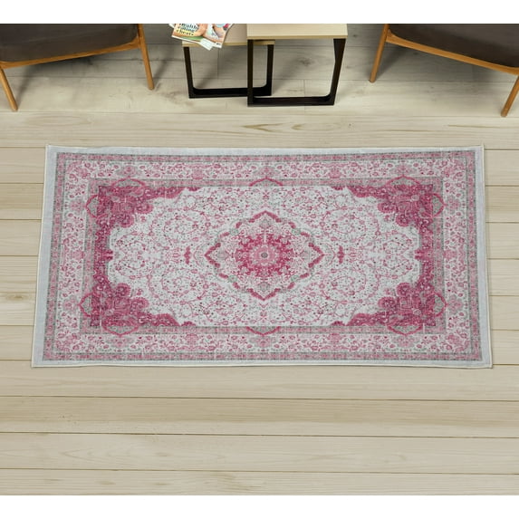 Vintage Decorative Rug, Oriental Design Curlicue Swirly Motives with Retro Details Victorian Art, Quality Carpet for Bedroom Dorm and Living Room, 6 Sizes, Dark Pink Mint Green, by Ambesonne