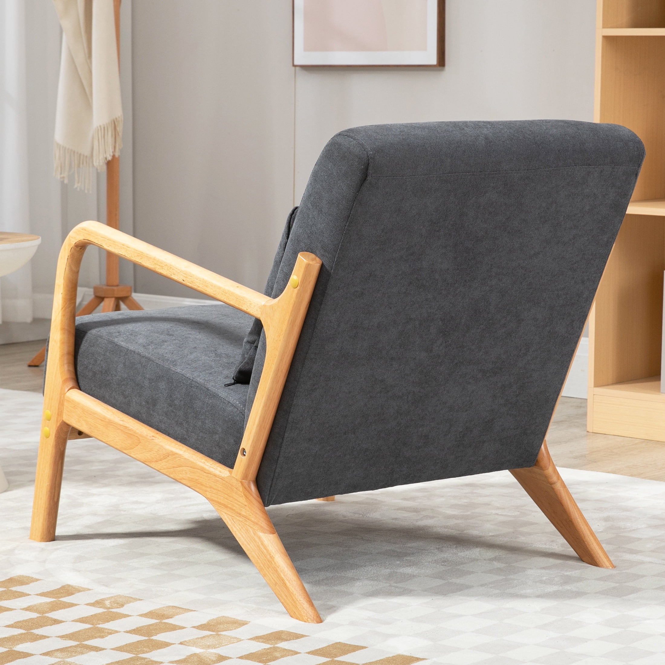 PORKISS Modern Arm Chair Velvet Fabric Upholstered Comfy Reading Accent Chair with Solid Wood Frame and Pillow, Armchair Comfort Club Chair Lounge Chair for Living Room Bedroom Sunroom, Grey
