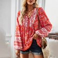 thumbnail image 4 of MITCOWBOY Hauts pour Femmes Col en V Noué Décontracté Imprimé Mode Chemise Décontractée Manches Longues Chemises pour Femmes Chemises en Lin pour Femmes Rouge m Liquidation!, 4 of 7