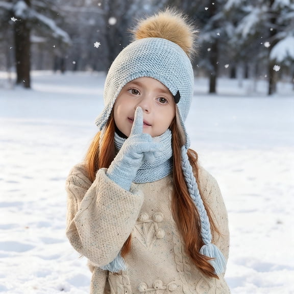 Girls Winter Hats with Ear Flaps Gloves and Scarf Set, Children Beanies Hats Warm Lined Beanie for 4-10 Years Girls Boys