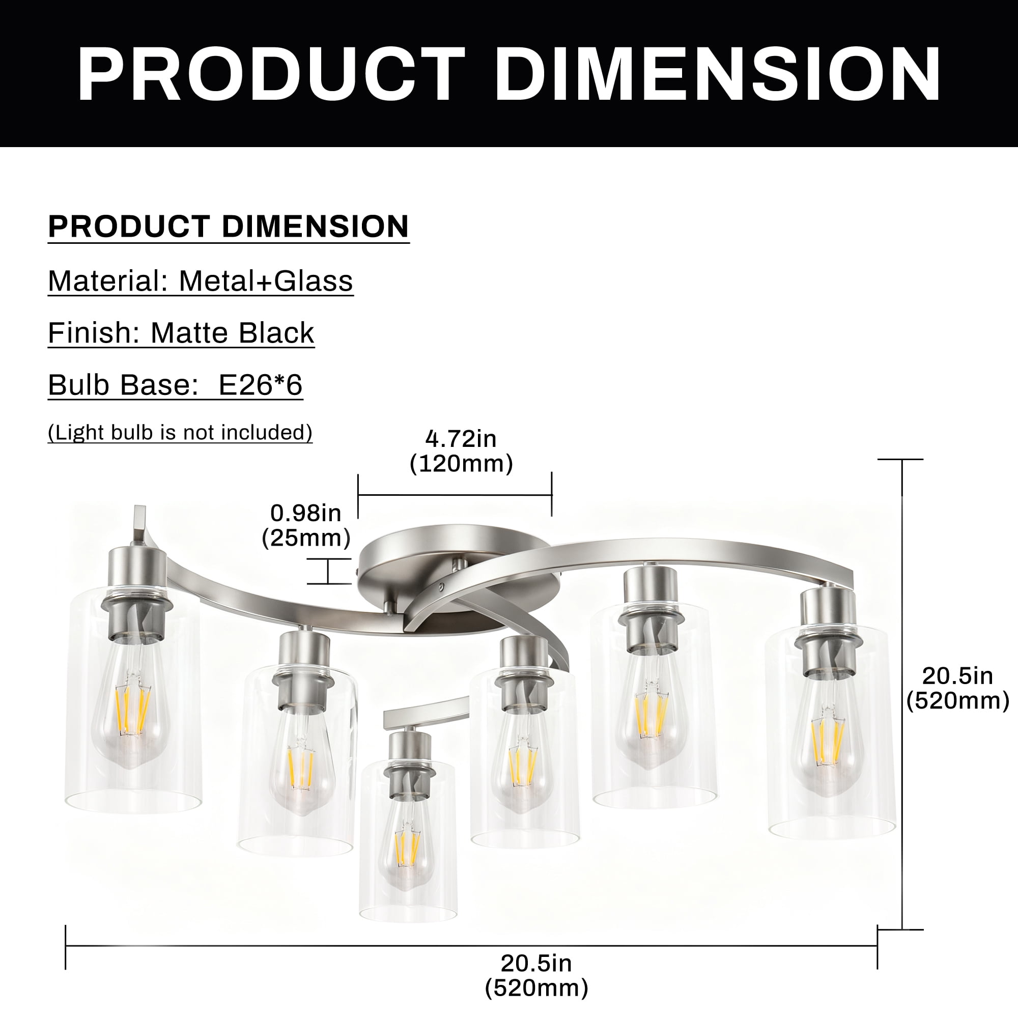 YANSUN Modern 6-Light Industrial Ceiling Light, Bent Tube Design with Clear Glass Shades, 20.5 in Flush Mount for Dining Room Living Room