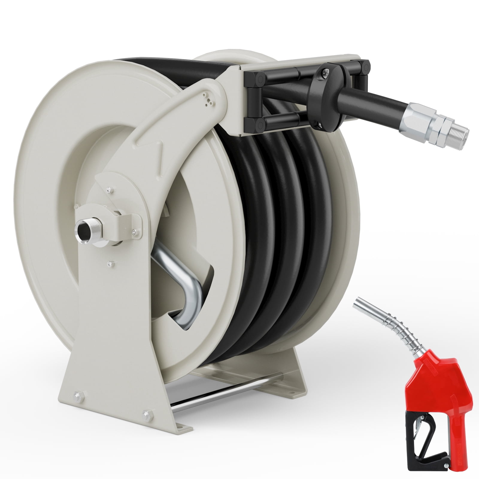 Fuel Hose Reel 1" x 33' Retractable with Fueling Nozzle Diesel Hose Reel 300 PSI Industrial Auto Swivel Heavy Duty Steel Construction for Farm Ship Vehicle Tank, Silver