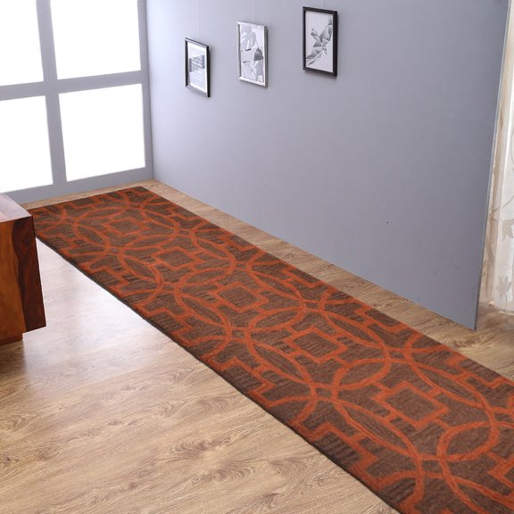 Rugsotic Carpets Hand Tufted Wool Eco-Friendly 2'6''x8' Runner Brown Orange Geometric High Pile Thick Handmade Anti Skid Indoor Area Rug K00239