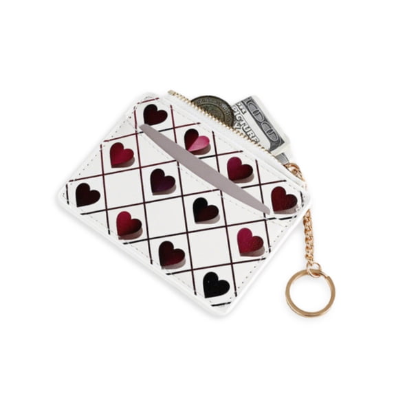 Women's Heart Print Leather Card Holder, Card Slots with Key Ring & Coin Pocket, Valentine's Birthday Gift, Small Lightweight Front Pocket WalletοΌWhite
