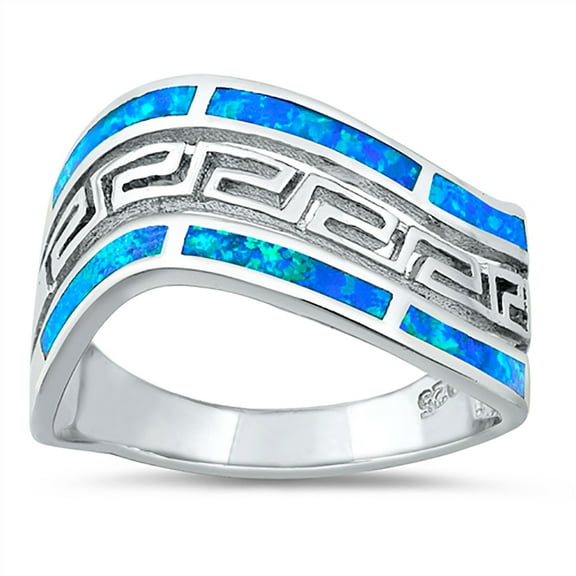 Blue Simulated Opal Wavy Greek Design Ring Sterling Silver Size 10