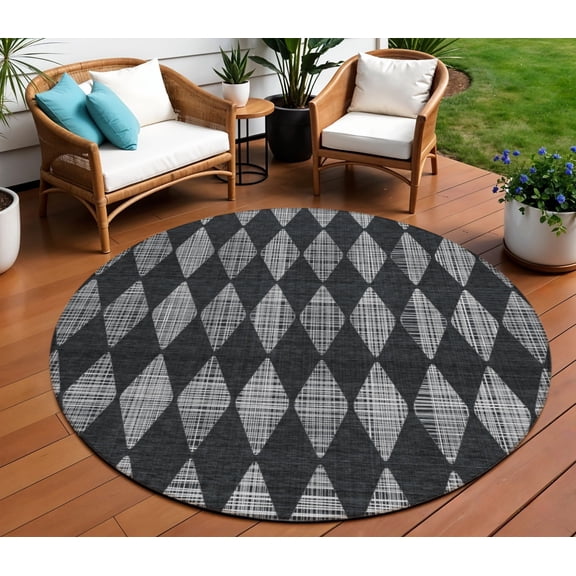 HomeRoots 577033 8 ft. Round Geometric Washable Indoor & Outdoor Area Rug, Charcoal