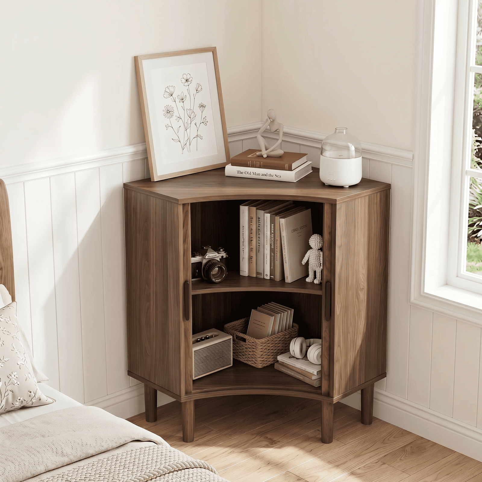 Walnut Fluted Corner Storage Cabinet with Sliding Doors & Adjustable Shelves, Modern Freestanding Narrow Floor Cabinet for Bathroom Living Room Dining Room Small Spaces
