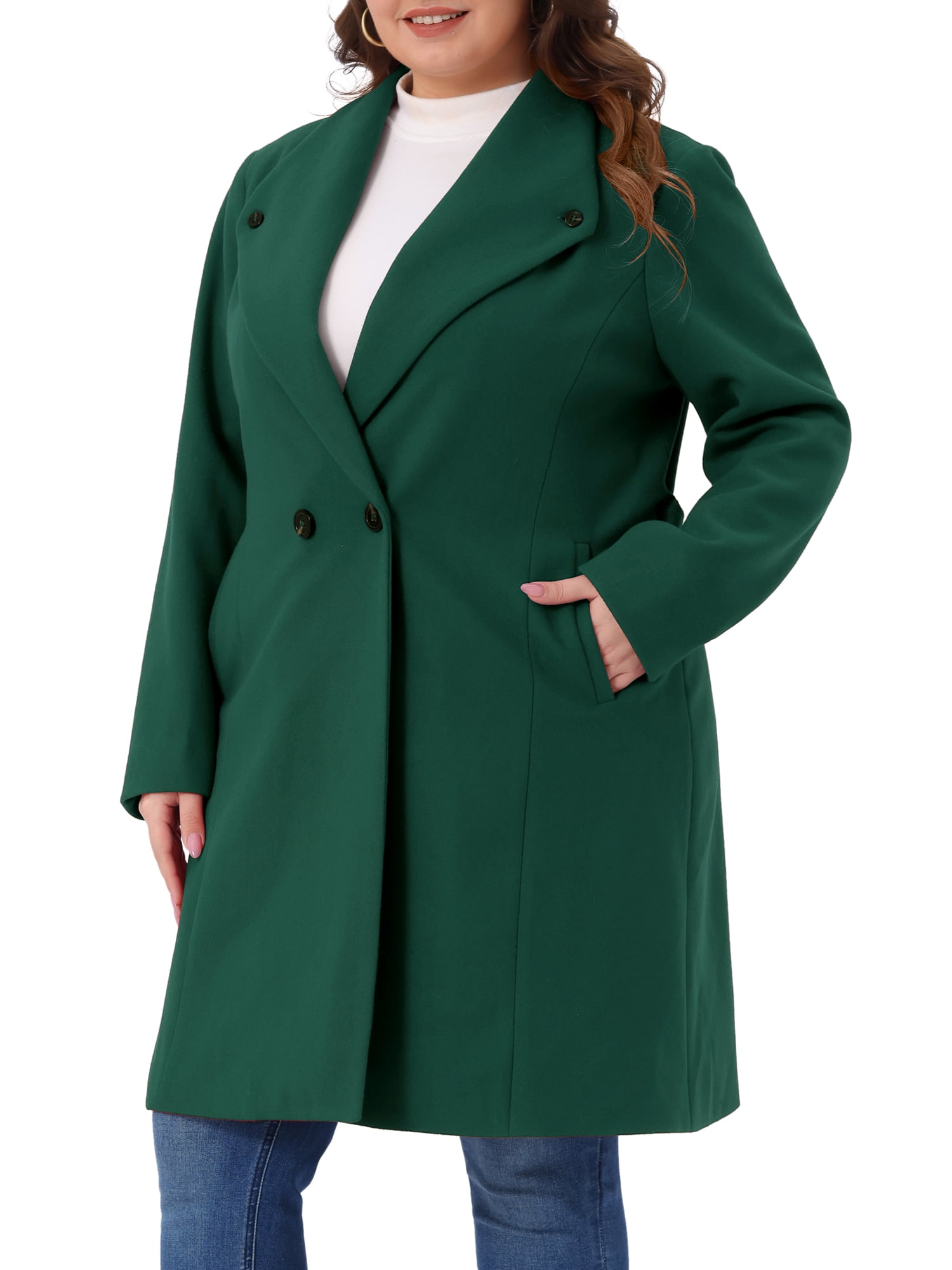DARING DIVA Women's Plus Size Notched Lapel Coat with Belted Design 1X Dark Green