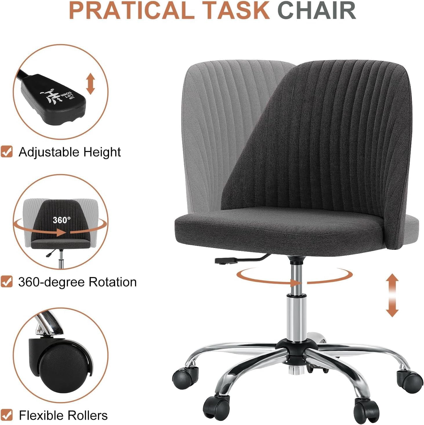 Colorful Linen Desk Chair, Comfy Thick Seat with Swivel Wheels, Armless Task Chair, Dark Gray
