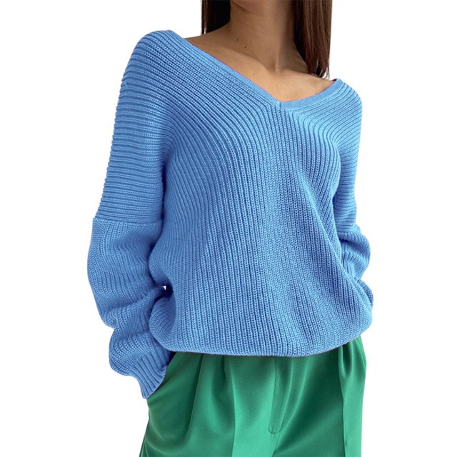 Gibobby Suéter térmico de manga larga Suéter De Manga Larga De Punto Con Cuello En V De Color Sólido De Otoño E Invierno Para Mujer (Azul, L)