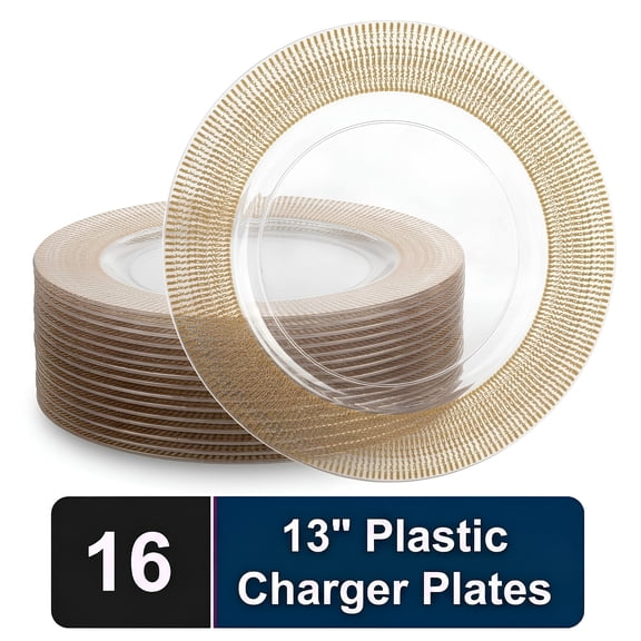 Impresserve 13 Inch Clear Charger Plates with Gold Textured Rim, Disposable Plastic Charger Plates for Events and Dining, 16 Count