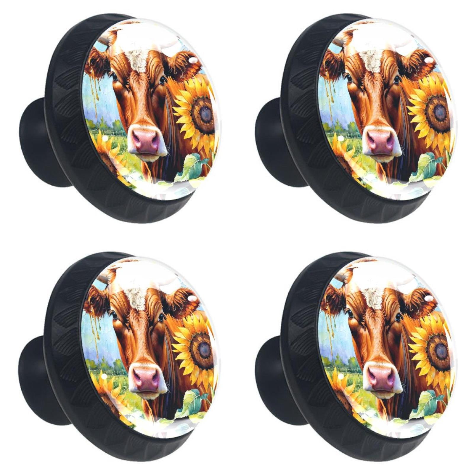 4 Pcs Cow and Sunflower Knobs for Kitchen Cabinet Cupboard Dresser Bookcase Drawer Pulls Handles Round Home Decor