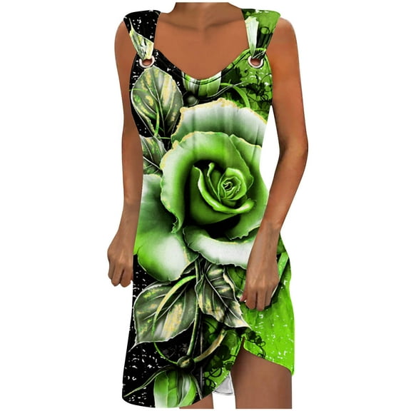 Honeeladyy Mini Dresses for Women Summer Sleeveless Print Beach Dress A Line Strap Vacation Sundresses Green L