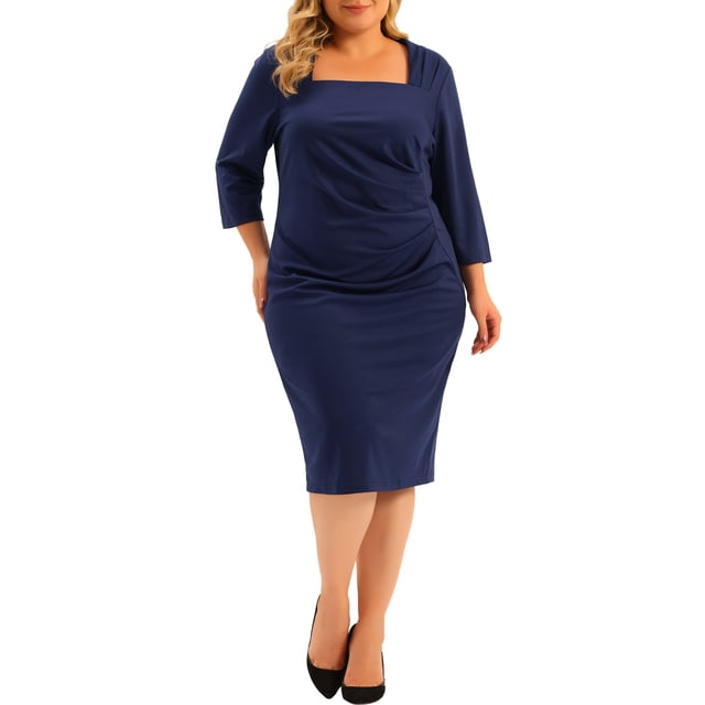 Vestido de talgrande pamujer, cuello cuadrado, medmanga, plisado, vestidos de tubo delanteros Azul real 4XL