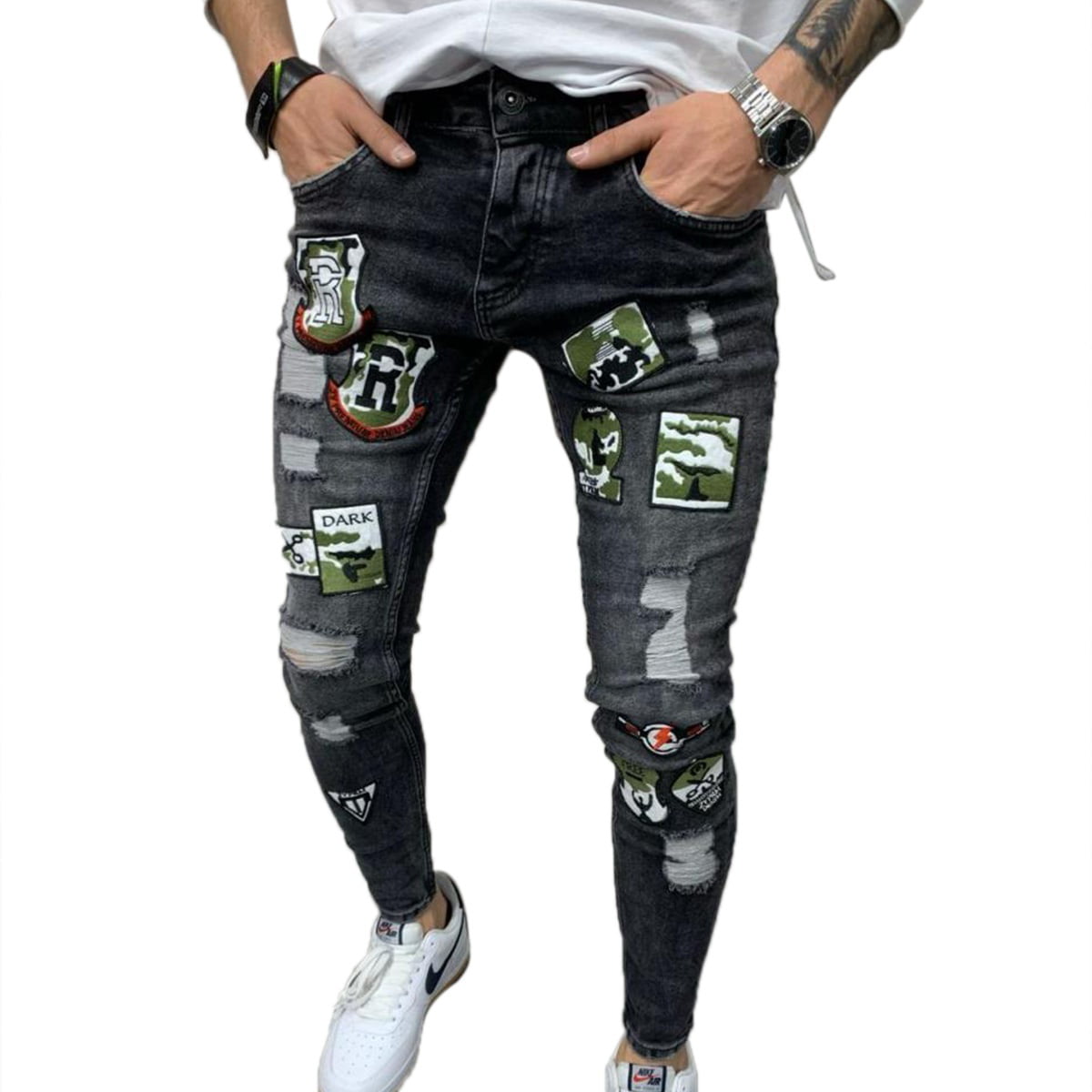 Male Ripped Holes Trousers Fashion Hip-hop Patchwork Trousers ...