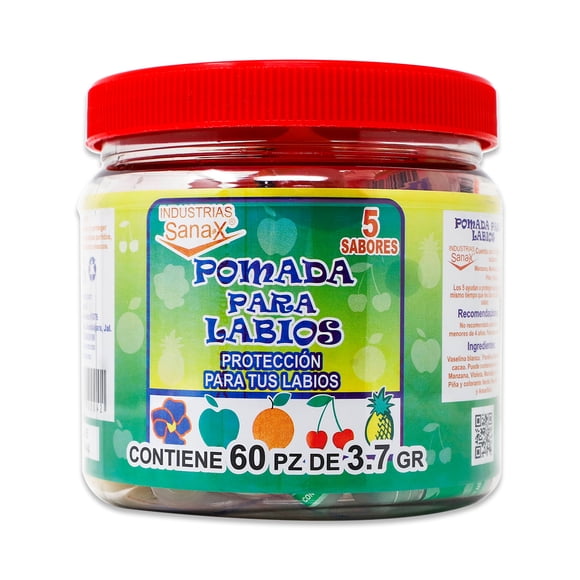 POMADA PARA LABIOS, VITROLERO 60 PIEZAS 5 SABORES, SANAX
