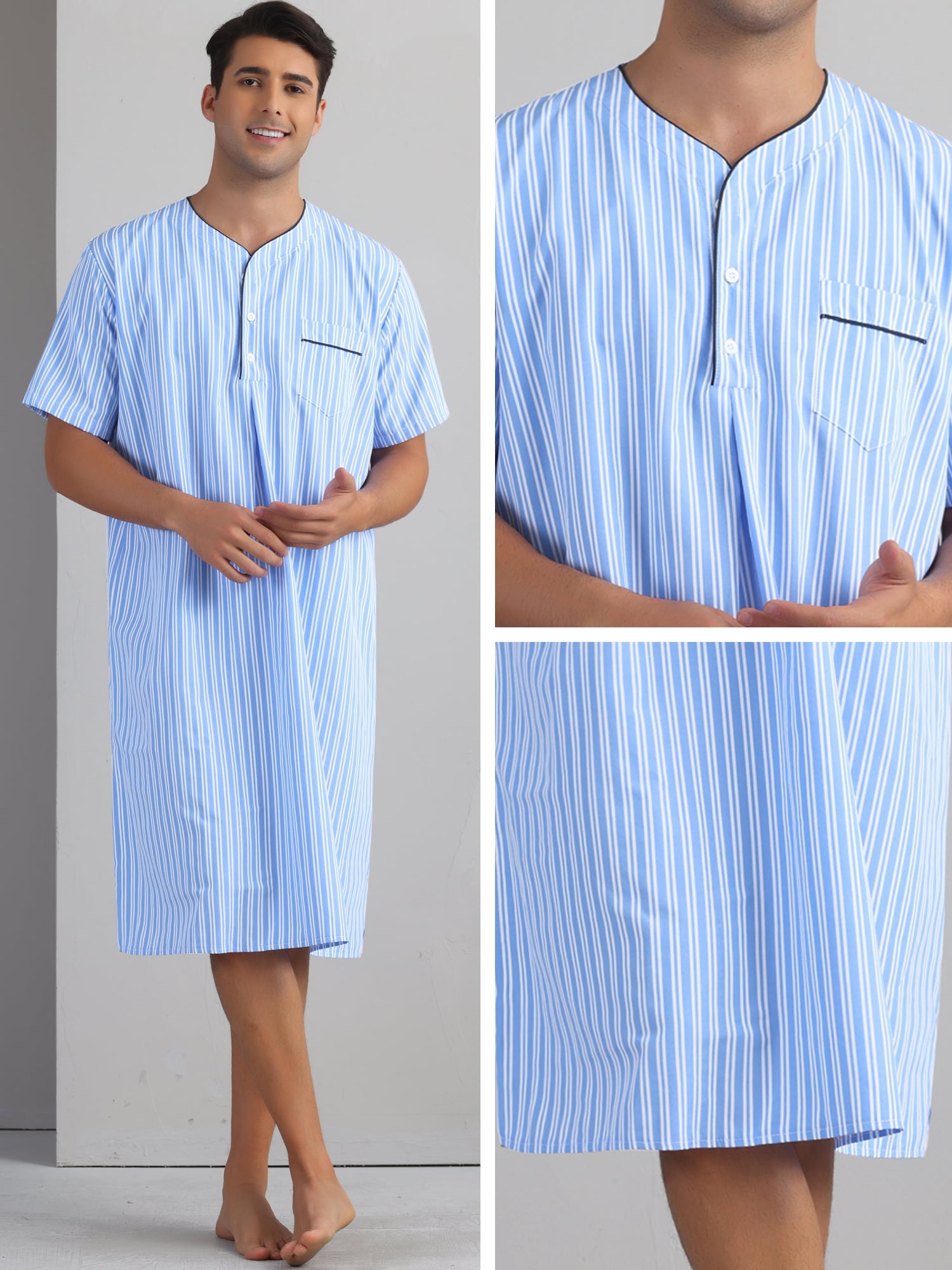 DARING DIVA Men's Short Sleeve Striped V-Neck Button Down Sleep Gown L Light Blue