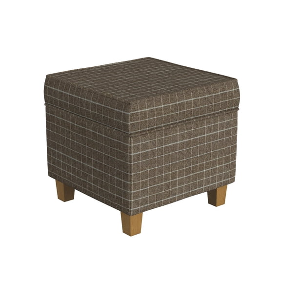 Benjara Pyp Square Storage Ottoman- 18" Brown Windowpane Fabric- Wood Legs