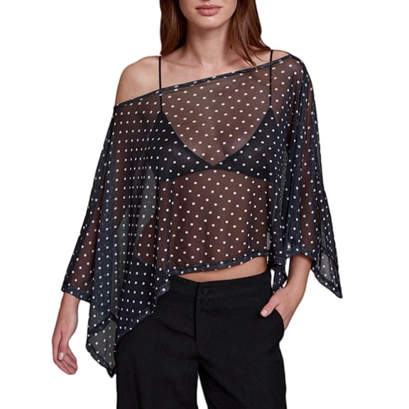 Comdrip Women Chiffon Poncho Asymmetrical Sweater Sheer Mesh Cape Lightweight Shawl Wraps Off Shoulder See Through Cover up Sequin Poncho Top Black 1