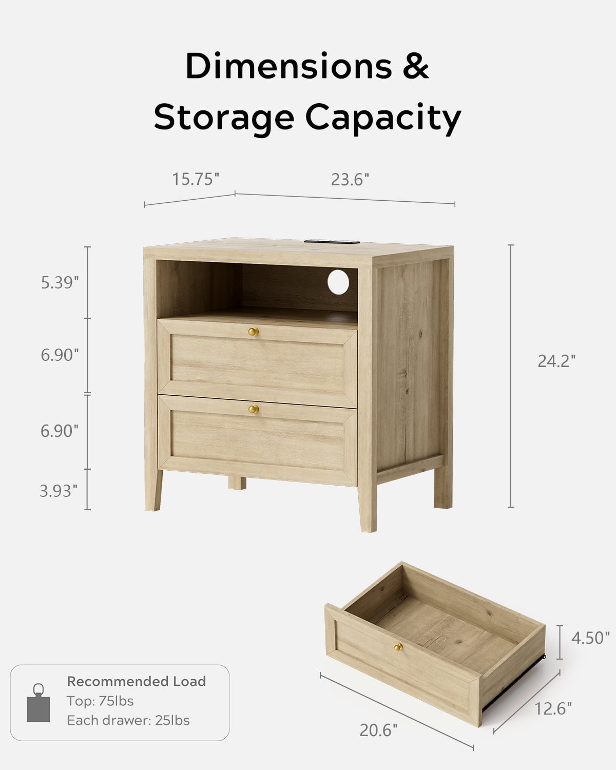 EYYTHUNG Modern Nightstand with Drawers Wooden End Table with Charging Station Farmhouse Night Stand Bedside Side Table with Storage, Light Oak