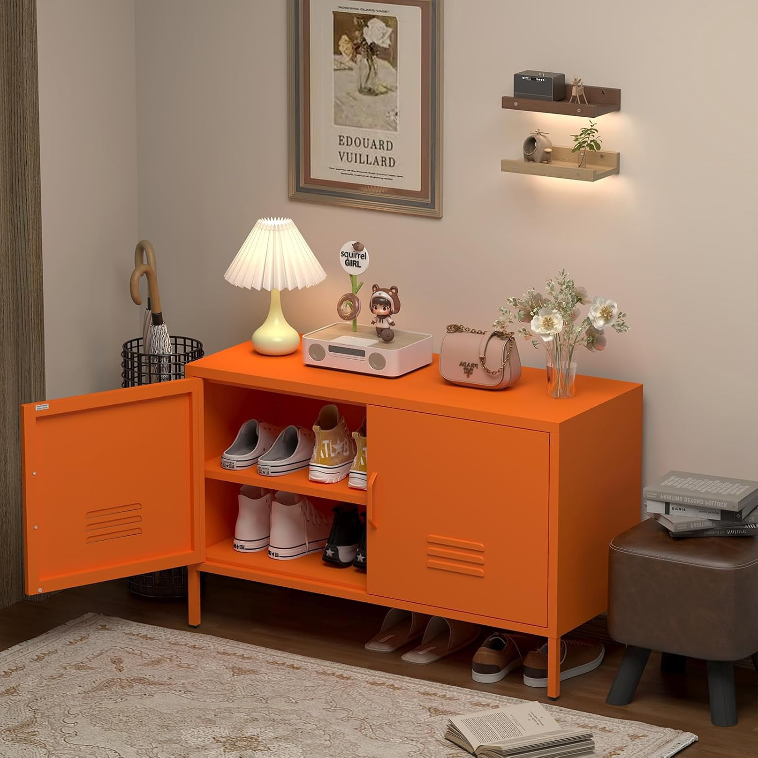 Marcree Metal Storage Cabinet,TV Stand Locker Cabinet, Wide Metal Accent Cabinet with 2 Door, 2-Tier Lockable Storage Cabinet, Orange