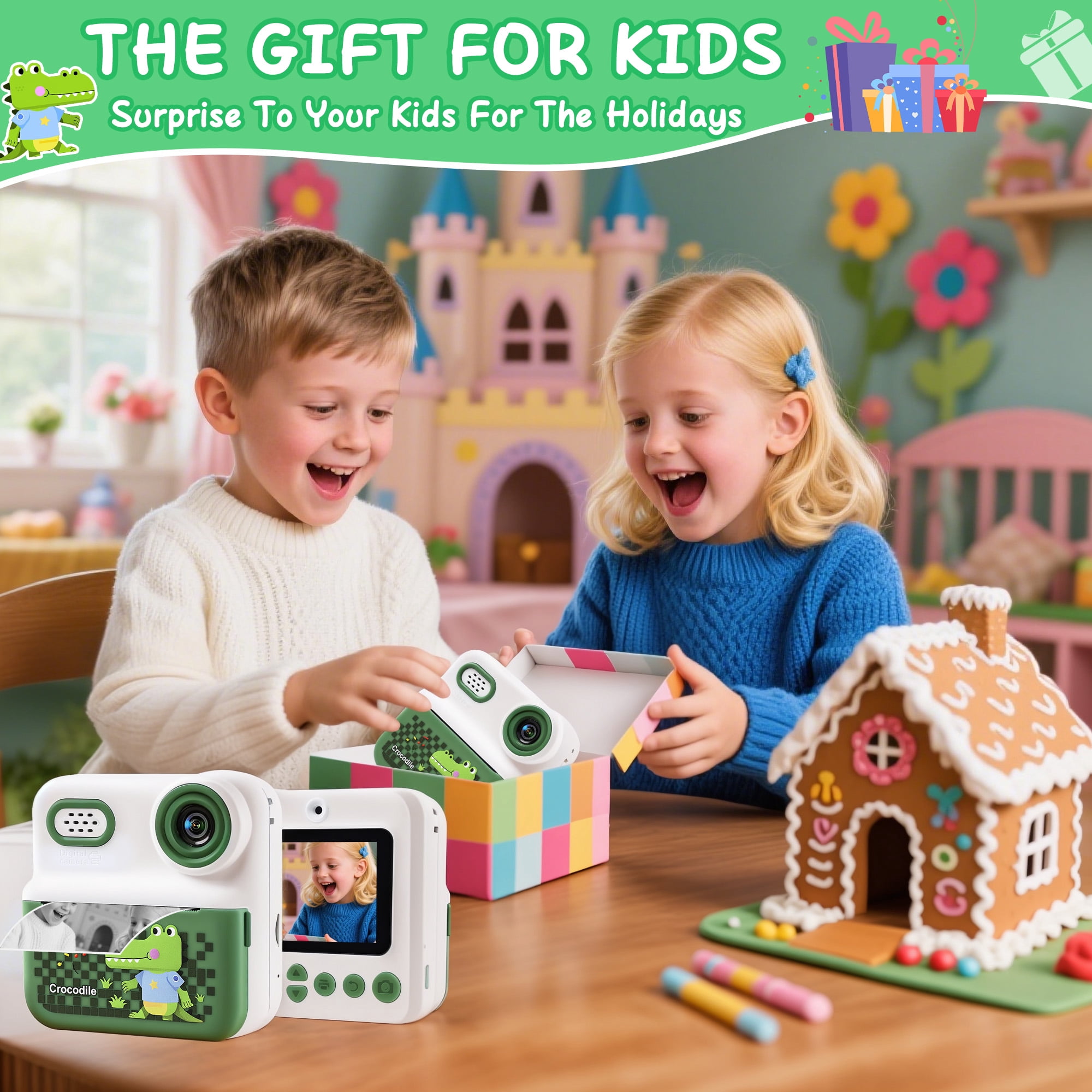 ALLJOY Instant Print Kids Camera with 64GB SD Card 1080P HD Digital Video Camera Toy for Toddler Kids, Christmas Birthday Gift for Girls Ages 3-12,  Green