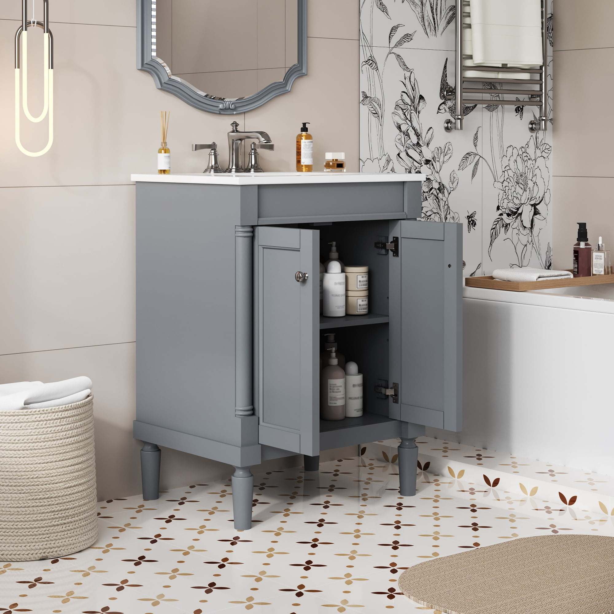 Homy Casa 24" Bathroom Vanity with Sink, Ceramic Top, 2-Door Storage Cabinet, Gray