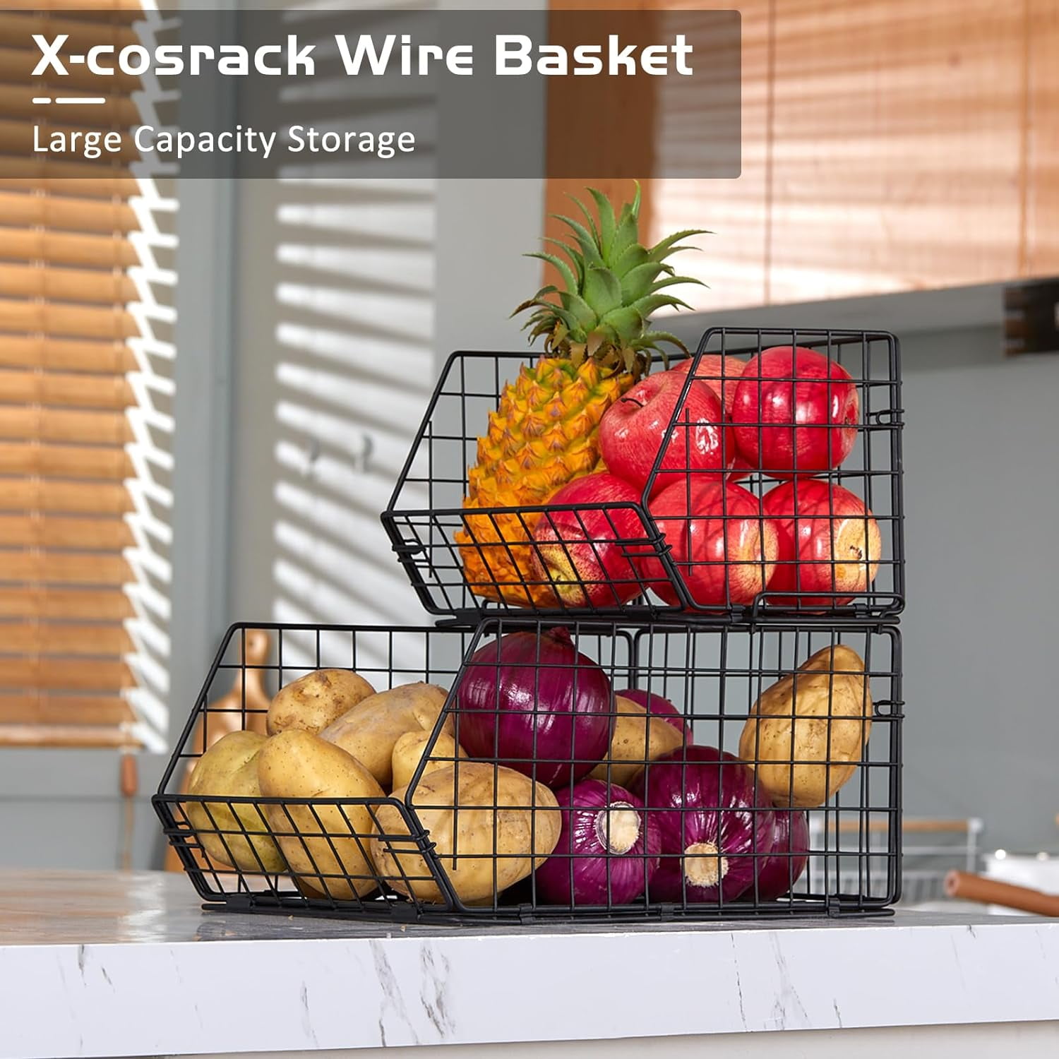 XCOSRACK 2-Tier Stackable Fruit Basket for Kitchen Counter, Metal Wire Produce & Snack Storage Bin, Freestanding Potato and Onion Pantry Organizer, Black