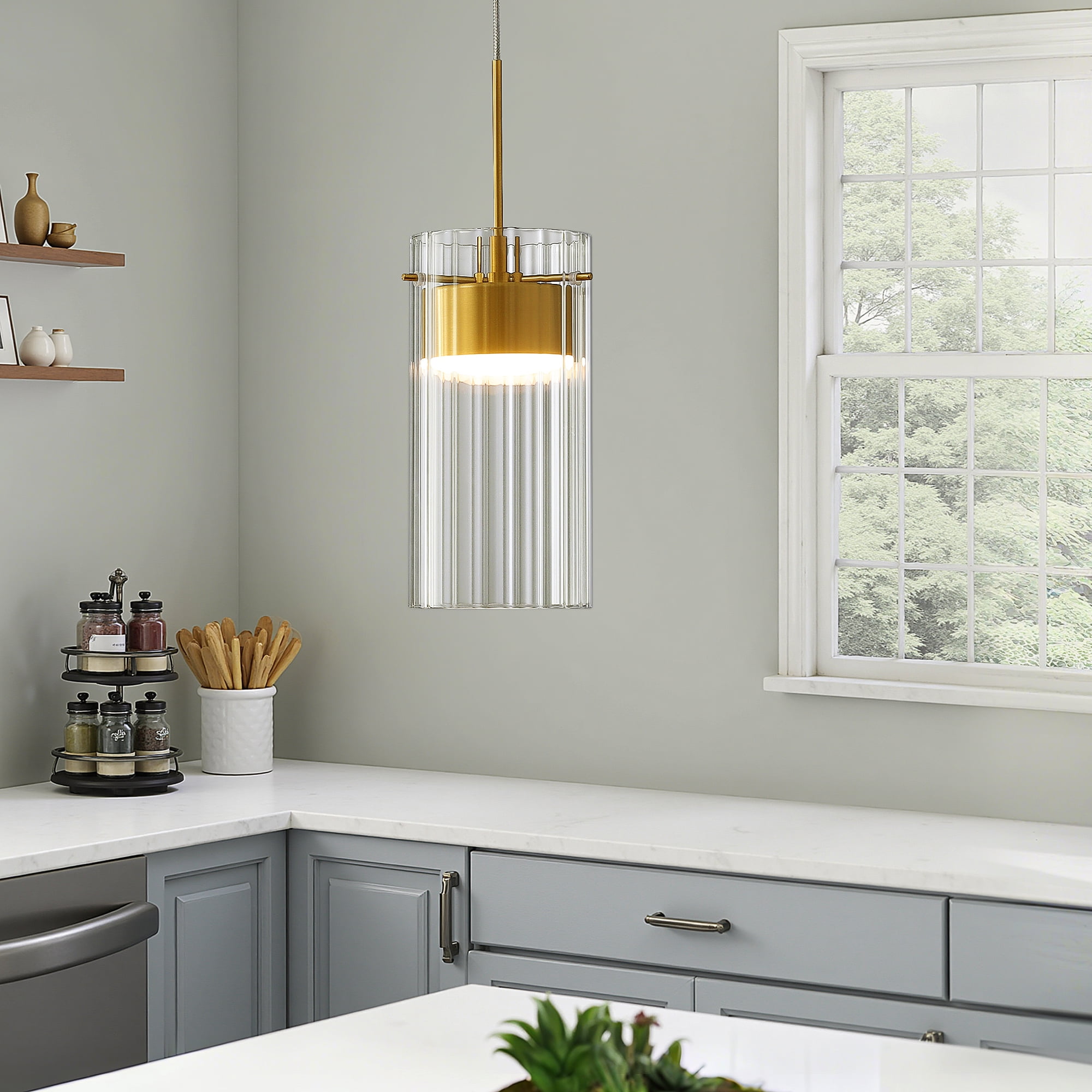 Sculptural Glass Pendant Light for Kitchen Island, Modern Gold Statement Fixture