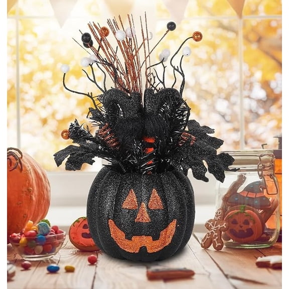 Halloween Decor, Pumpkin Tree, Floral Arrangement, Static 14in Glitter Faux Branch Centerpiece Figurine Sculpture for Adult Indoor Fall Holiday Display, Black