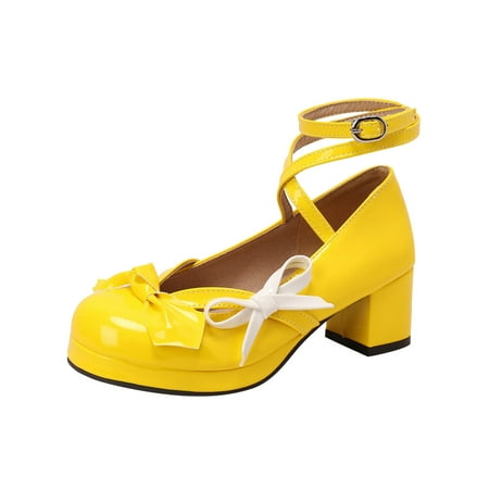 

Dyfzdhu Ladies Fashion Solid Color Bright Leather Bow Decorative Buckle Thick High Heeled Leather Shoes