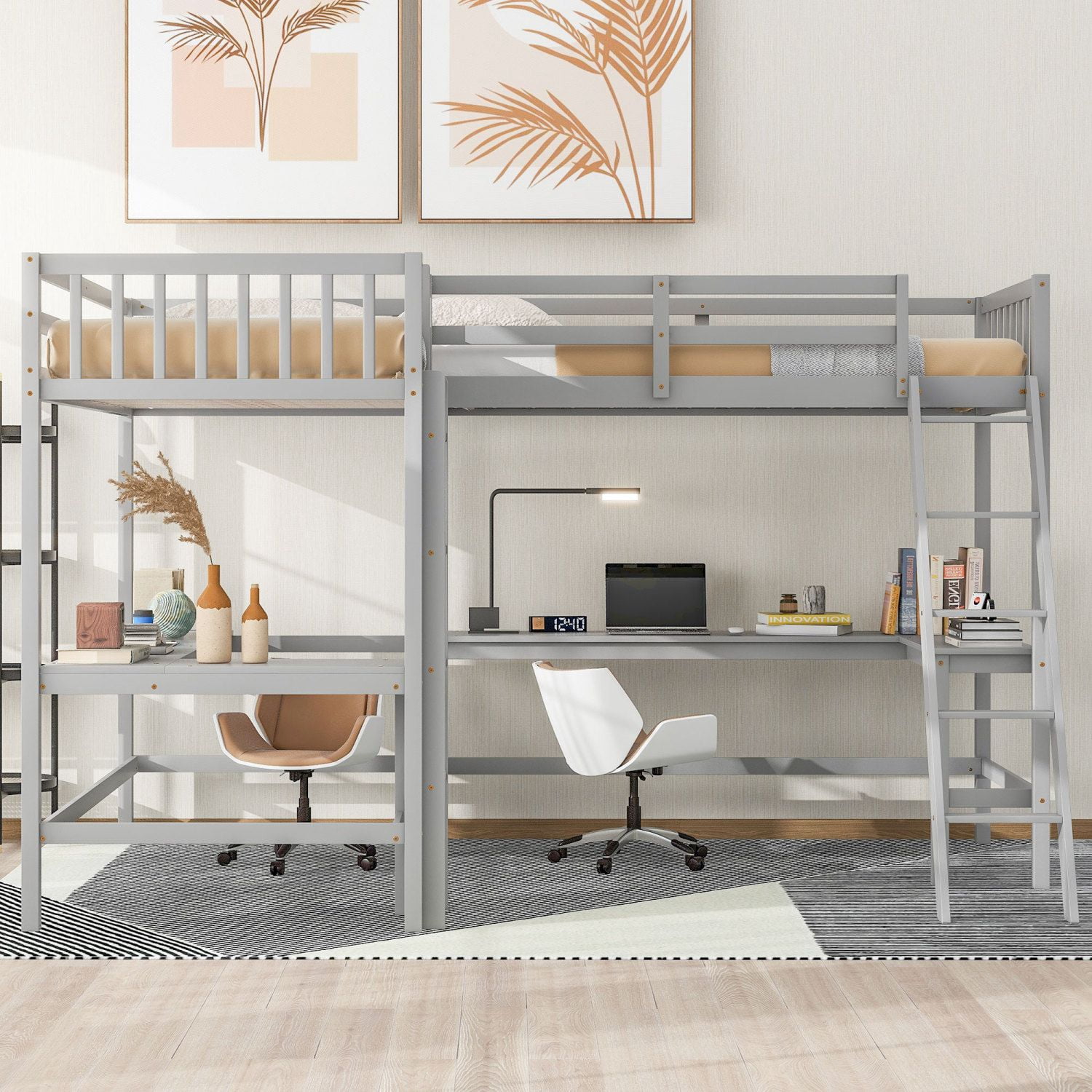 Asteroutdoor Wood Twin Size L-Shaped Loft Bed with Ladder and 2 Built-in L-Shaped Desks, Gray