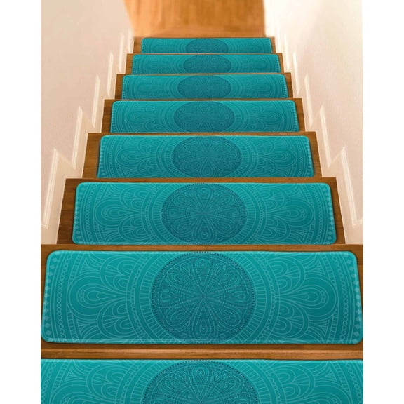 Stair Treads for Wooden Steps, Teal Boho Peel and Stick Stair Treads with Adhesive, Farmhouse Abstract Geometric Aesthetic Art Non Slip Indoor Stairs Runner Rugs Mats for Elders Dogs 8"x30"10PCS