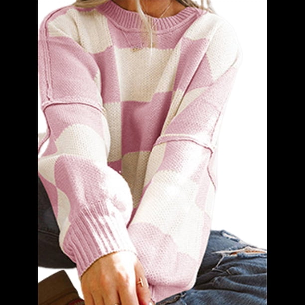Suéter Holgado de Punto Acanalado con Cuello Redondo y Larga para Mujer, Moda de Otoño Rosa M