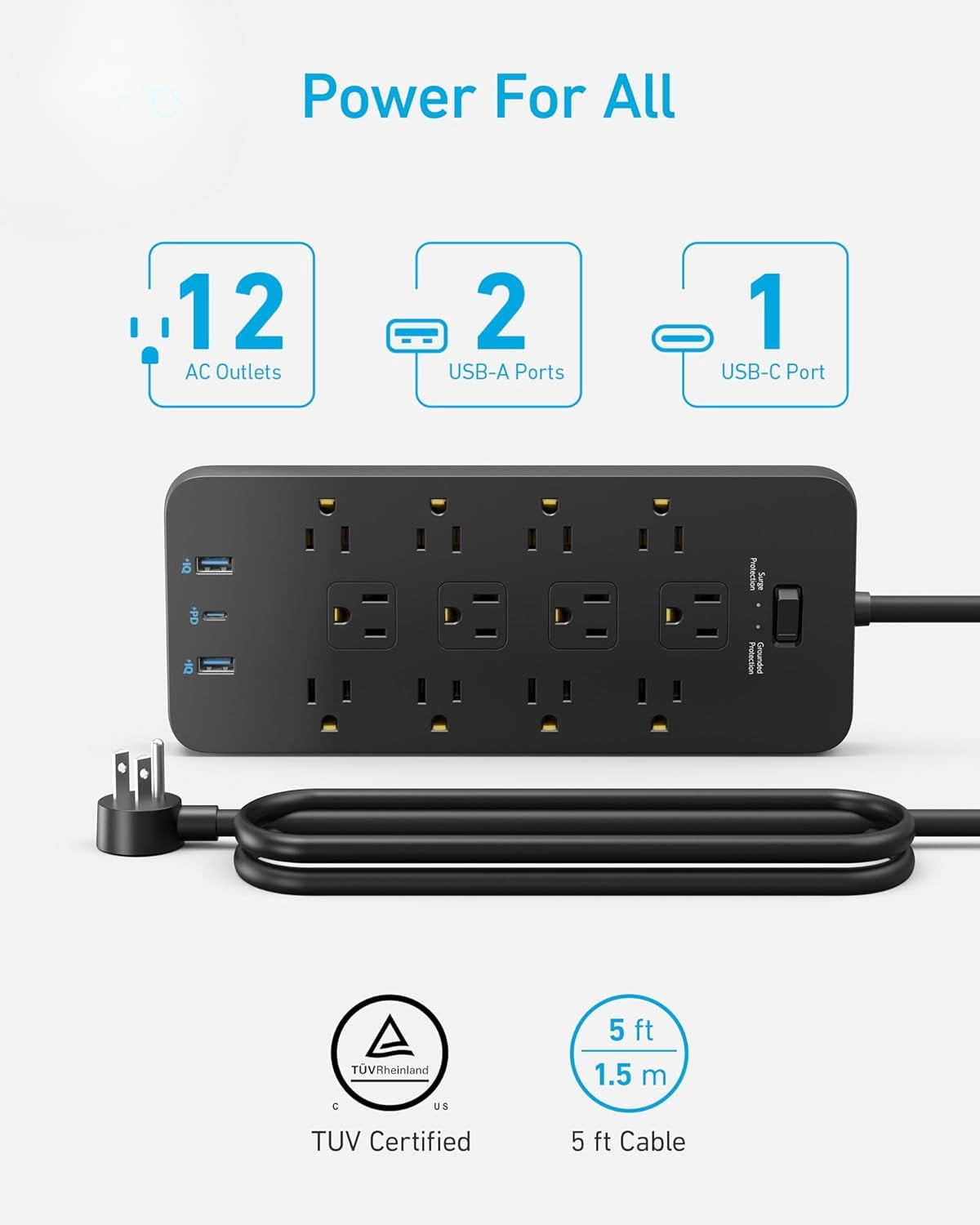 Surge Protector Power Strip (2100J), 12 Outlets with 1 USB C and 2 USB Ports ,  Extension Cord, Flat Plug, 20W USB C Charging for Home, Office,TUV Listed