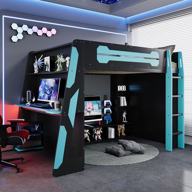 Wooden Loft Bed With Desk, Multi-purpose Storage Shelf And RGB Light,Blue