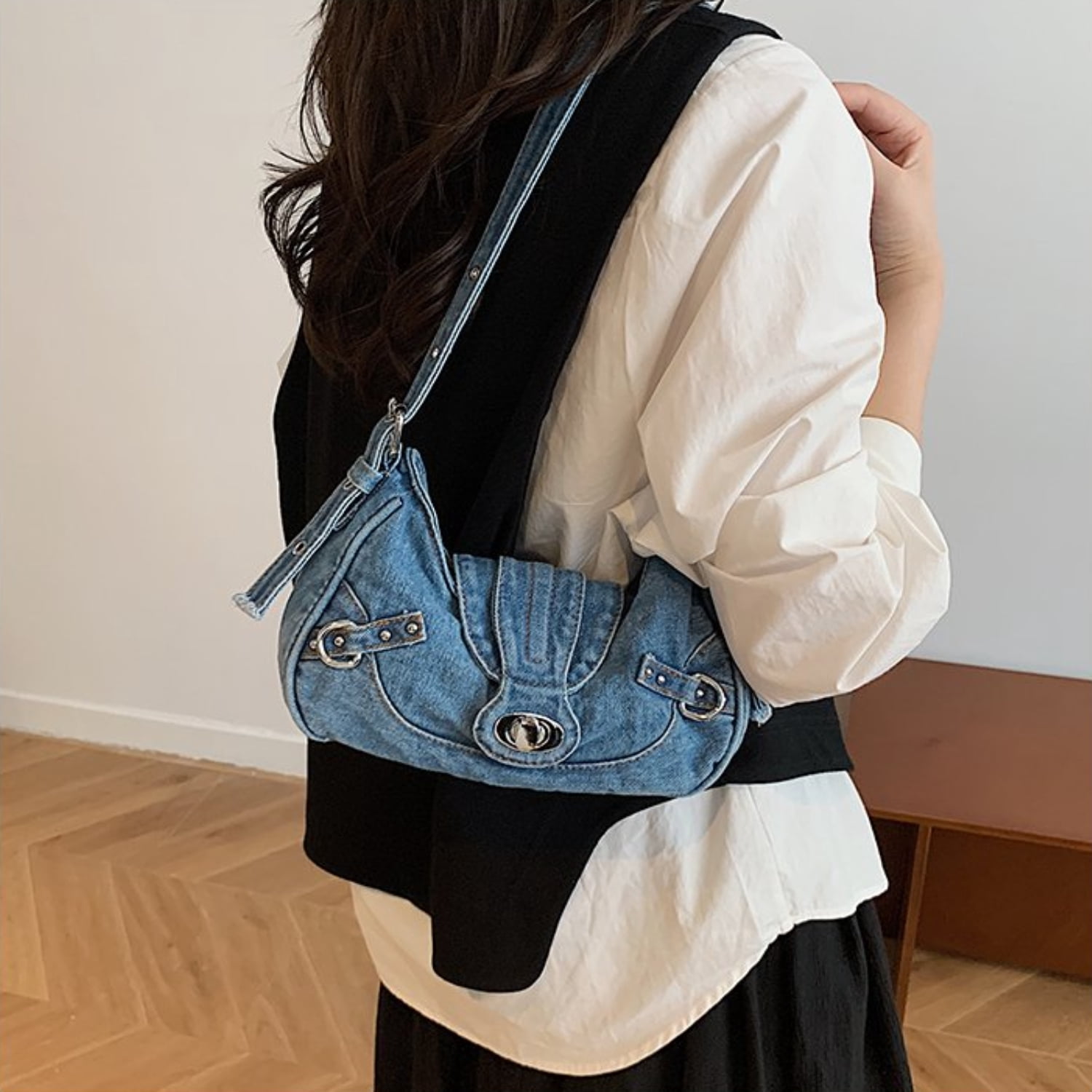 Women's Denim Crescent Shoulder Bag - Y2K Vintage Hobo Handbag, Trendy Mini Crossbody Purse for Girls, Casual Satchel with Adjustable Strap