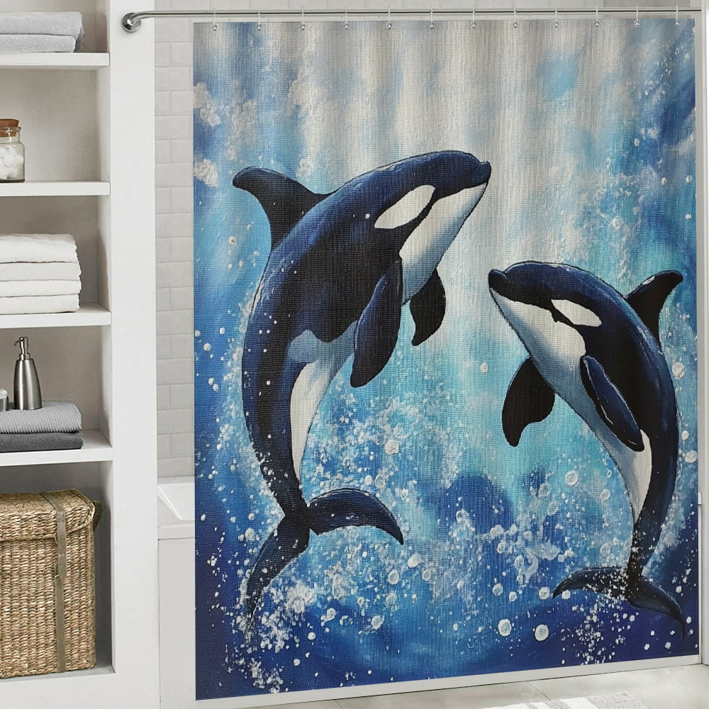 Patifu Whales Ocean Bubbles Washable Shower Curtain Set with Hooks 100% Polyester Fabric Waterproof Bathroom Curtains 69"x72