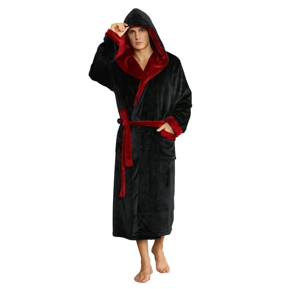 U2SKIIN Peignoir à Capuche pour Homme, Peignoirs en Peluche pour Hommes Long Peignoir en Molleton (Noir/rouge Foncé, G/TG)