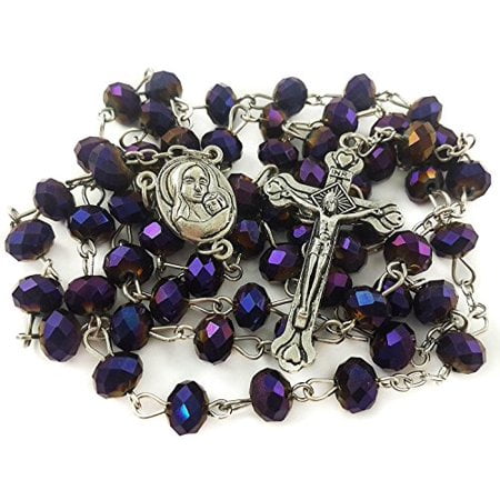Nazareth Store Deep Purple Beads Rosary Catholic Necklace Holy Soil & Crucifix Cross Jerusalem Velvet Bag