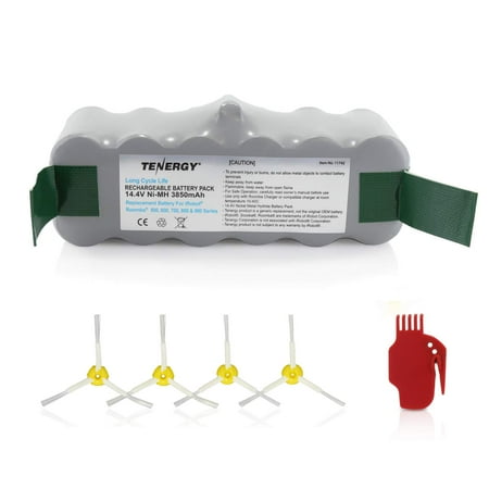 Instrument 600 Series Battery - Tenergy New Extended Life 1000 Cycles 14.4V 3850mAh NiMH Battery for Roomba 900 800 700 600 500 Series, Vacuum Rechargeable Replacement Batteries, Bonus 4 Side Brushes and 1 Brush Cleaning Tool