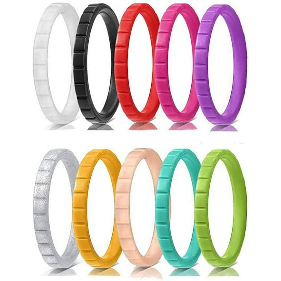 10 Pack 3MM Wave Pattern Silicone Wedding Rings for Womens Thin Stackable Rubber Wedding Bands Size 5-10