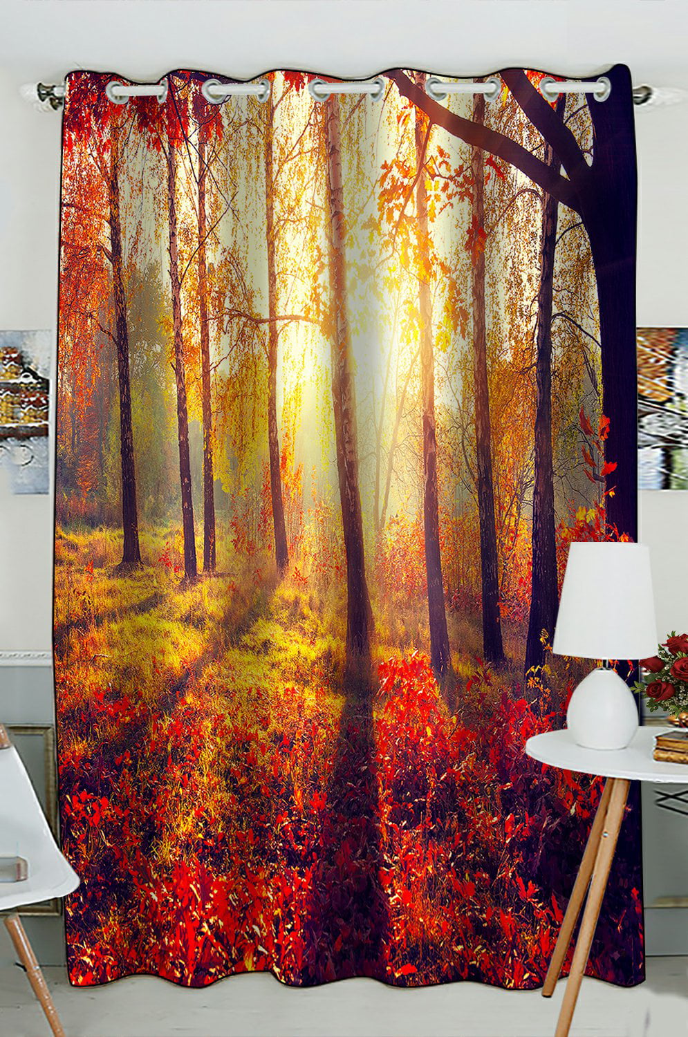 3D Window Curtains Foggy Forest Maple Leaves Fall Scenery Blockout Drapes Fabric 