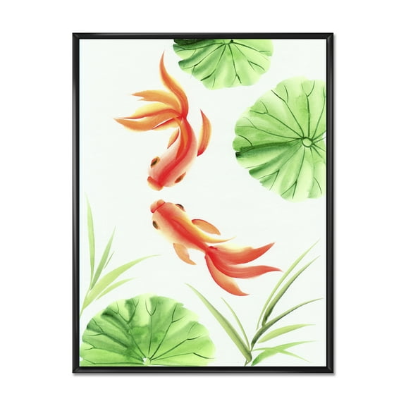 Designart 'The Lotus Leaves With Goldfishes' Nautical & Coastal Framed Canvas Wall Art Print