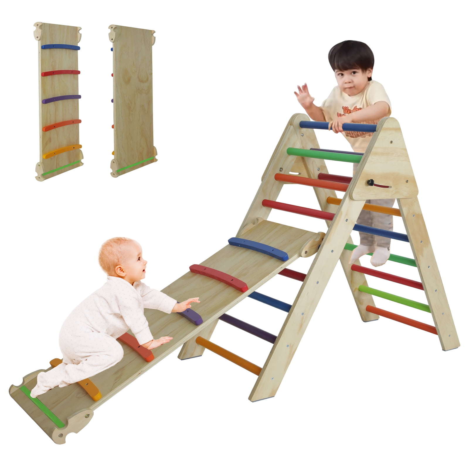 Multicolor Pikler Triangle with Ramp & Slide, Foldable 2-in-1 Wooden Climbing Ladder, Montessori Play Gym for Toddlers Kids 1-7